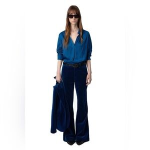 ZADIG & VOLTAIRE Defile Prevy Velvet Pants in Blue Flared Bottoms Size 34 FR NWT